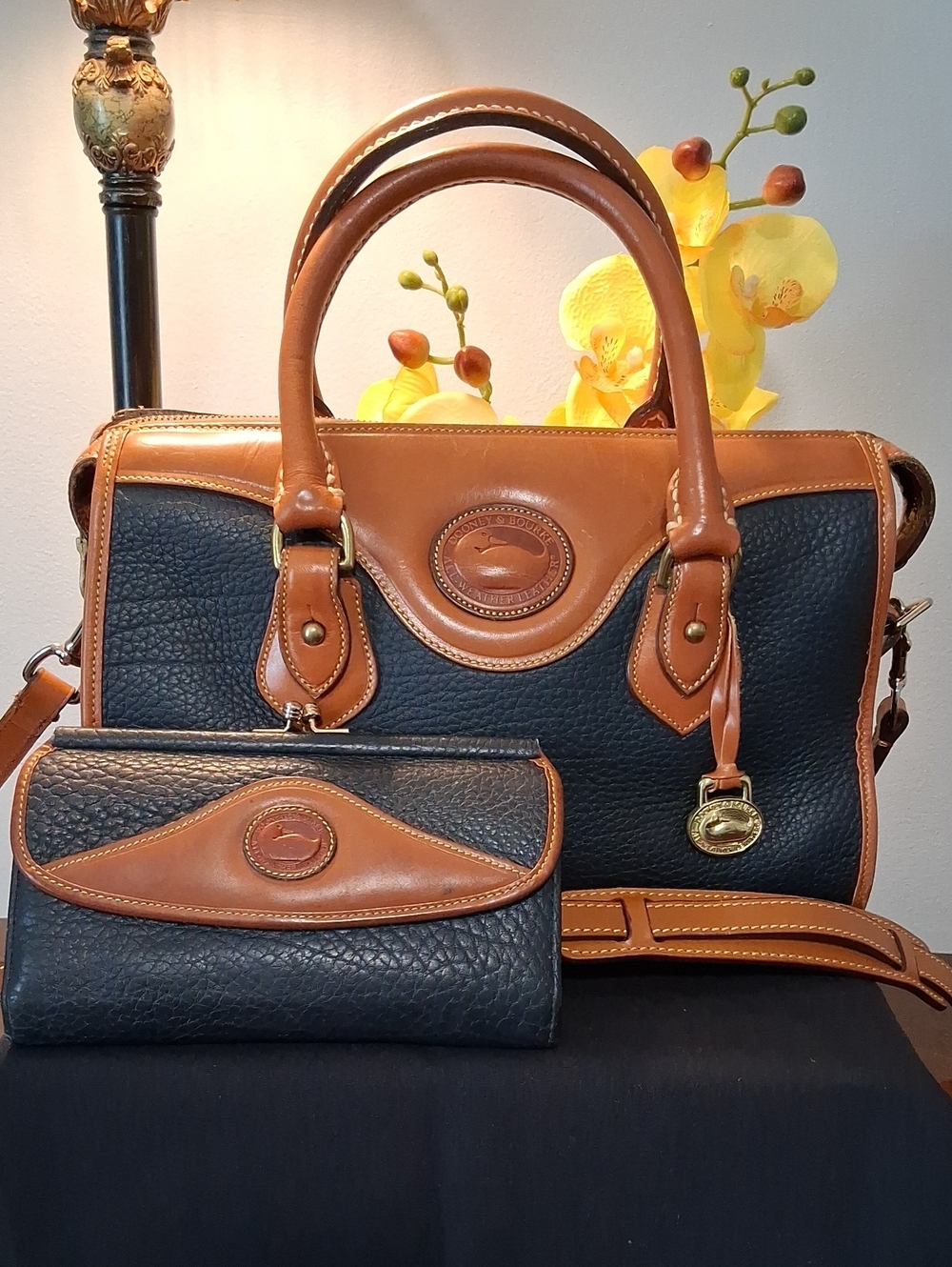 Dooney & Bourke Black and Brown Pebbled Leather Satchel with Wallet